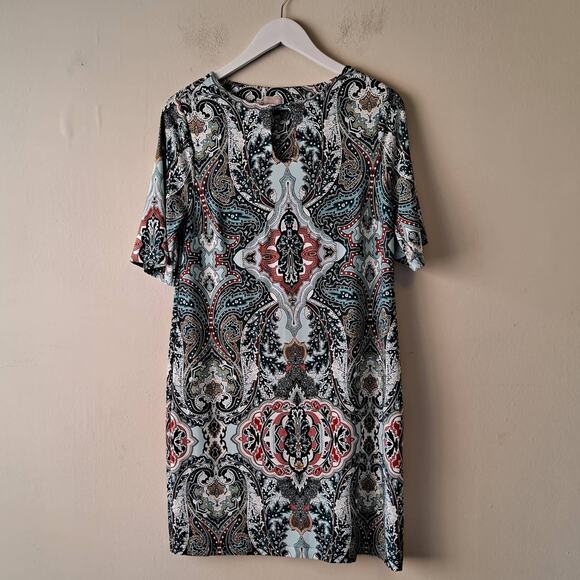 Chico's White Green Multi Keyhole Neckline Paisley Print Knit Jersey Dress -Sz 8 - Picture 3 of 7